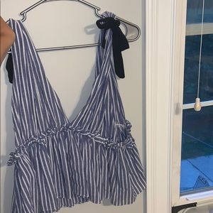 Deep cut, tie, blue stripe tank